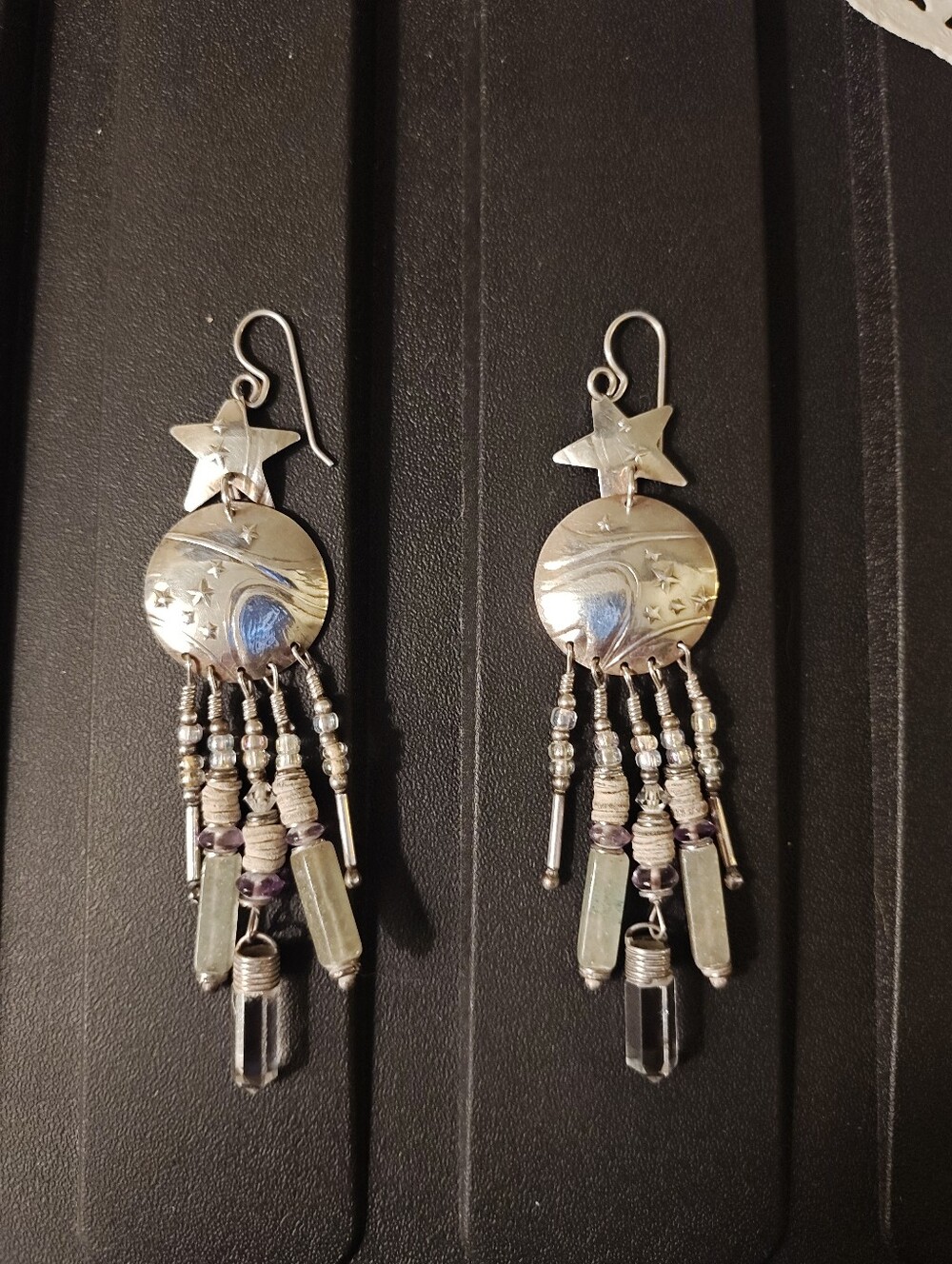 Vintage 1980s Silver Celestial Amethyst Dangle Earrings - Picture 3 of 3